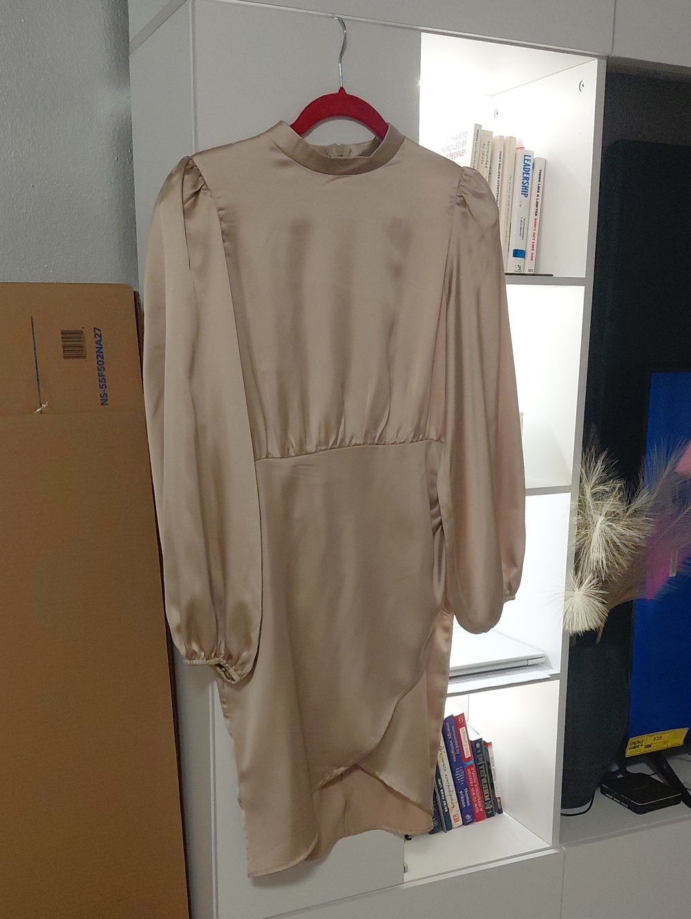 Flou Champagne Satin Long-Sleeve Midi Dress